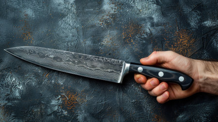 A person holding a knife in their hand on top of some stone, AIの素材