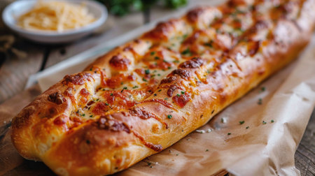 A long bread with cheese and herbs on a wooden table, AIの素材