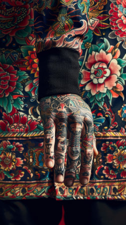 A person with a tattooed hand and arm on top of colorful pattern, AIの素材
