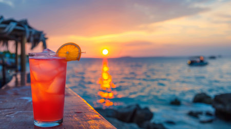 A drink with an orange slice on top of a table, AIの素材
