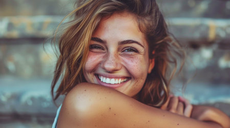 A woman smiling with her arms around each other and a wall behind them, AIの素材