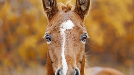 A close up of a brown horse with white markings in the background, AIの素材