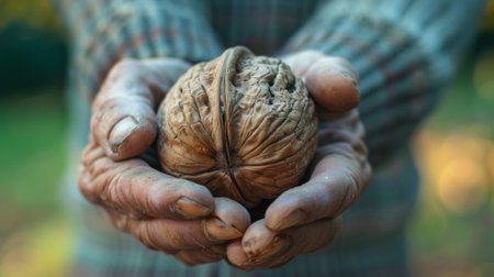 A person holding a walnut in their hands with the shell on top, AIの素材