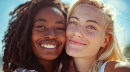 Two women are smiling and posing for a picture together, AIの素材