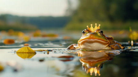A frog with a crown on its head floating in water, AIの素材