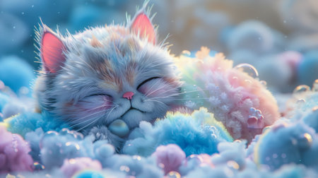A close up of a small cat sleeping on top of bubbles, AIの素材