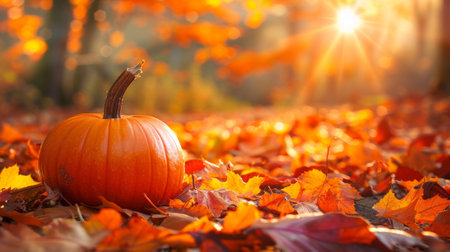 A pumpkin sitting on top of a pile of leaves, AIの素材