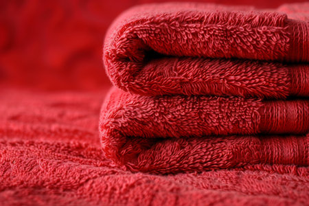 A stack of red towels on a bed with a blanket, AIの素材