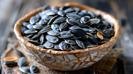 A bowl of sunflower seeds on a wooden table, AIの素材