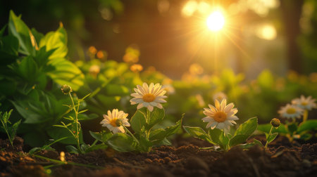 A group of flowers in a field with the sun shining, AIの素材