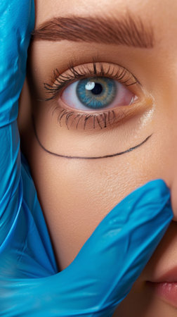 A woman with blue gloves holding a needle to her eye, AIの素材