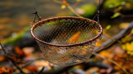 A basket hanging from a tree branch with leaves and branches in the background, AIの素材