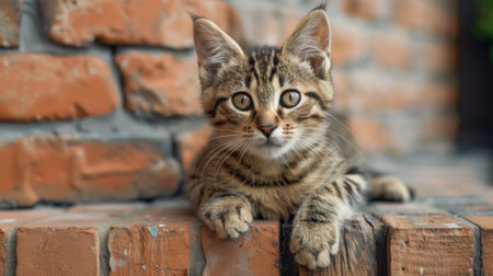 A kitten laying on a brick ledge looking up at the camera, AIの素材