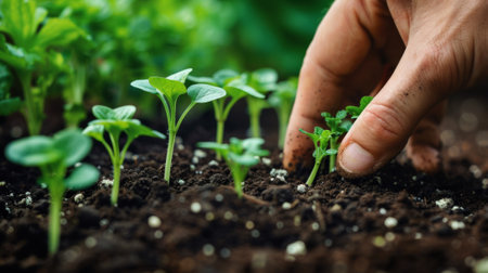 A person is planting a seed in the ground with their hand, AIの素材