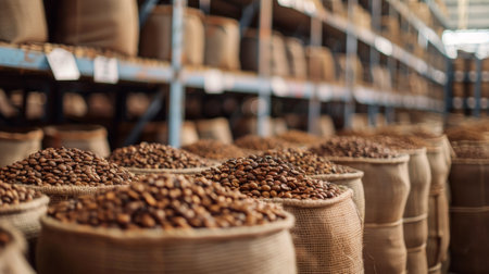 Bags of coffee beans are stacked in a warehouse, AIの素材