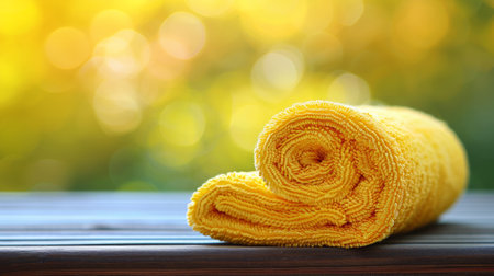 A yellow towel sitting on a wooden table with blurry background, AIの素材