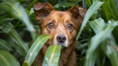 A dog is peeking out from behind a bunch of leaves, AIの素材