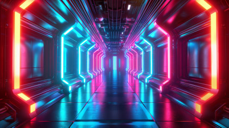A futuristic hallway with neon lights and a glowing floor, AIの素材