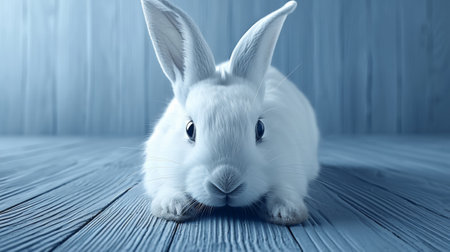 A white rabbit sitting on a wooden floor with blue background, AIの素材