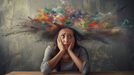 A woman with her hands over her face is surrounded by colorful explosions, AIの素材