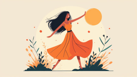 A woman in an orange dress is holding a frisbee, AIの素材