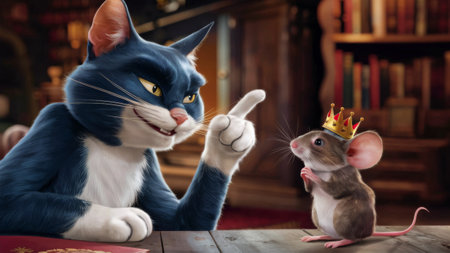 A cat is pointing at a mouse wearing a crown, AIの素材