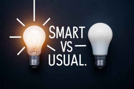 Two light bulbs, one tungsten and one led, with the words smart vs usual, AIの素材