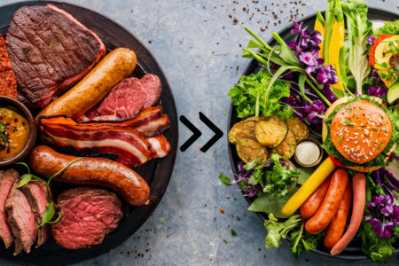 Two plates of food with different types and colors on them, meat and vegetables, AIの素材