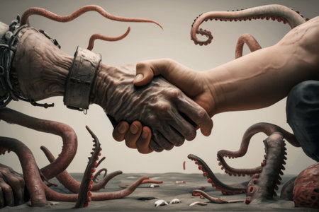 A man and a monster shaking hands in front of an octopus, AIの素材