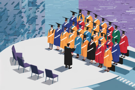 A group of people in graduation robes standing on stage, AIの素材