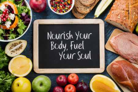 Nourish your body, fuel your soul. A table with a variety of food and vegetables on it, AIの素材