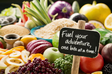 A sign with a blackboard that says fuel your adventure one bite at time, AIの素材