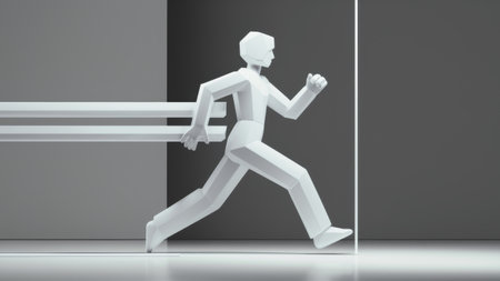 A white paper man running through a hallway with glass doors, AIの素材