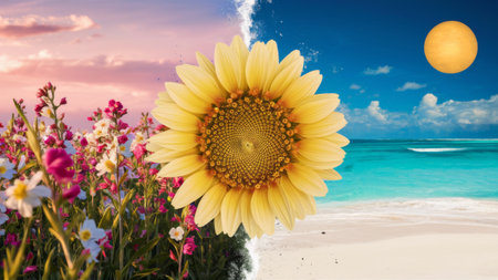 A picture of a flower and the ocean in two different pictures, AIの素材