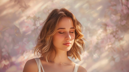 A woman with her eyes closed and a flower behind her, AIの素材