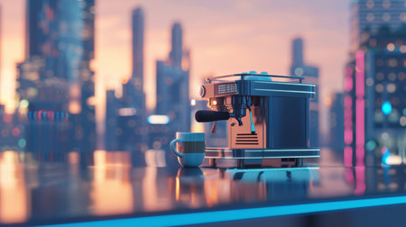 A coffee cup and a small espresso machine on top of a table, AIの素材