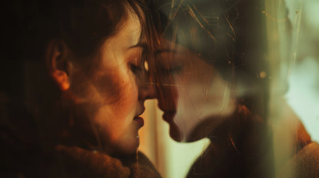 A woman looking at a man through the glass of an old window, AIの素材