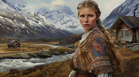 A woman in a dress standing next to mountains and water, AIの素材