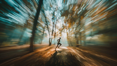 A man running through a forest with trees and leaves, AIの素材
