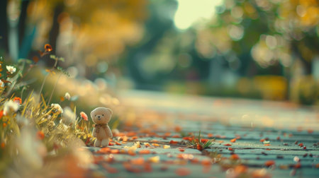 A teddy bear sitting on a sidewalk surrounded by flowers, AIの素材