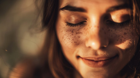 A woman with freckles and brown eyes smiling while looking at the camera, AIの素材
