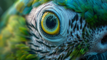 A close up of a birds eye with yellow and green feathers, AIの素材