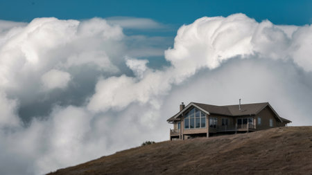 A house on a hill with clouds in the background, AIの素材