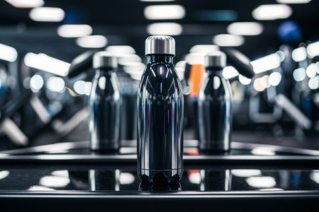 A group of three black water bottles sitting on a table, AIの素材