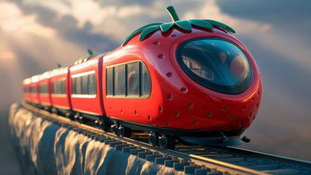 A red train with a strawberry on the front of it, AIの素材