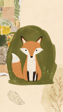 A cartoon of a picture with an orange fox sitting in the grass, AIの素材