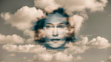 A womans face in a cloud formation with the clouds forming her hair, AIの素材
