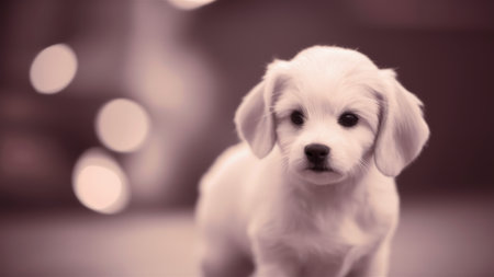 A small white puppy is standing in front of a blurred background, AIの素材