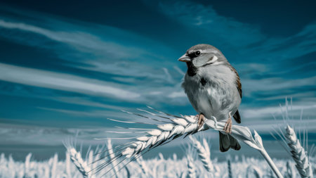 A bird perched on a stalk of wheat in the sky, AIの素材