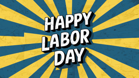 A happy labor day poster with a blue and yellow background, AIの素材